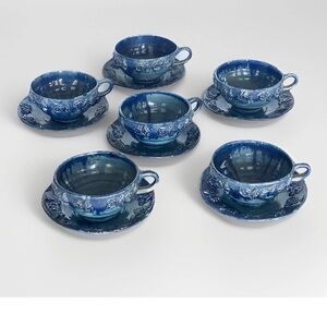 Vintage 50s Mexican Artisan Blue Drip Glaze Ceramics Cups Saucers Sets 6